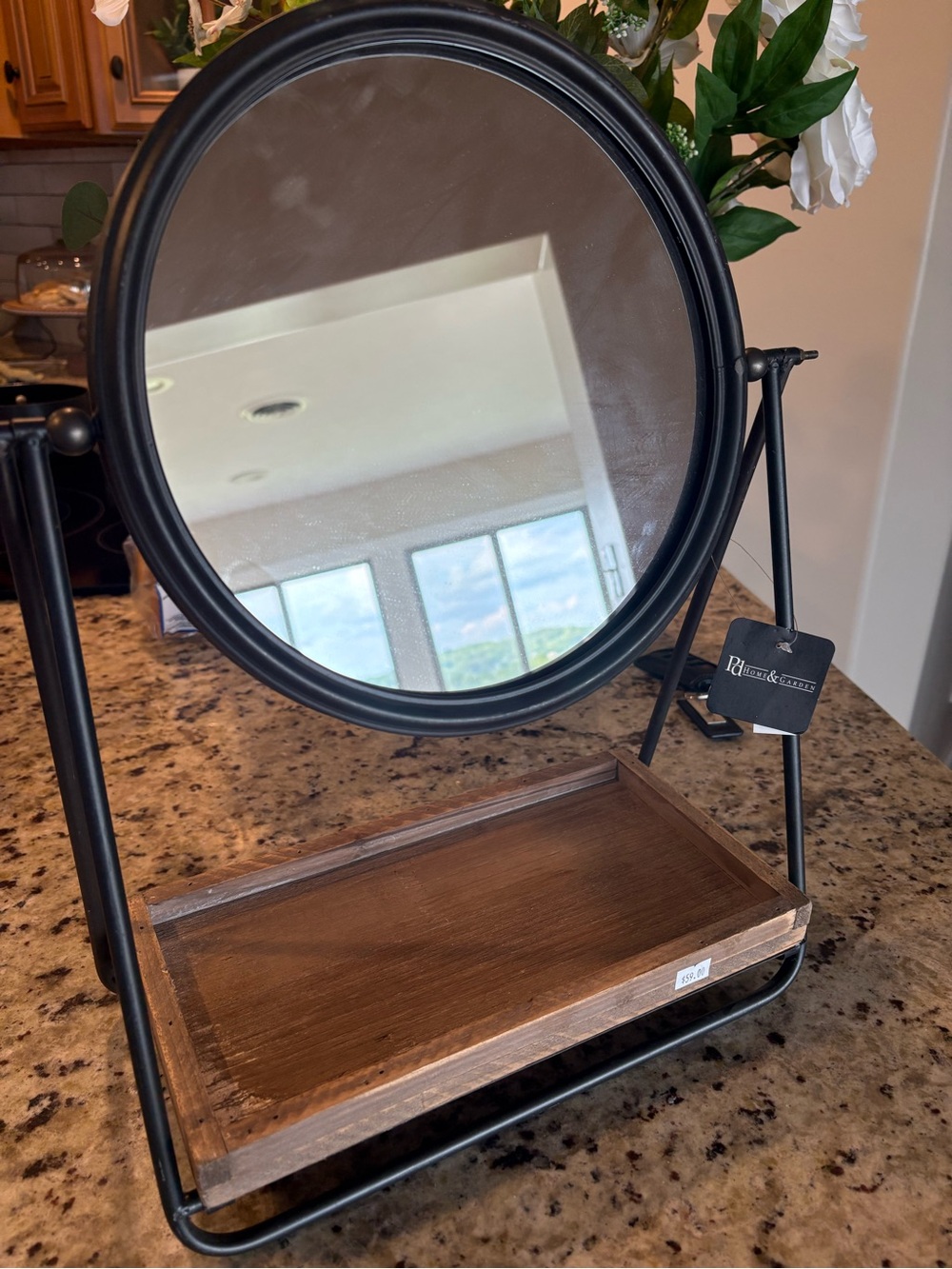 Round Black Vanity Mirror with Wooden Tray -